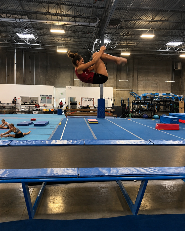 Athlete performing an advanced tumbling pass in the air